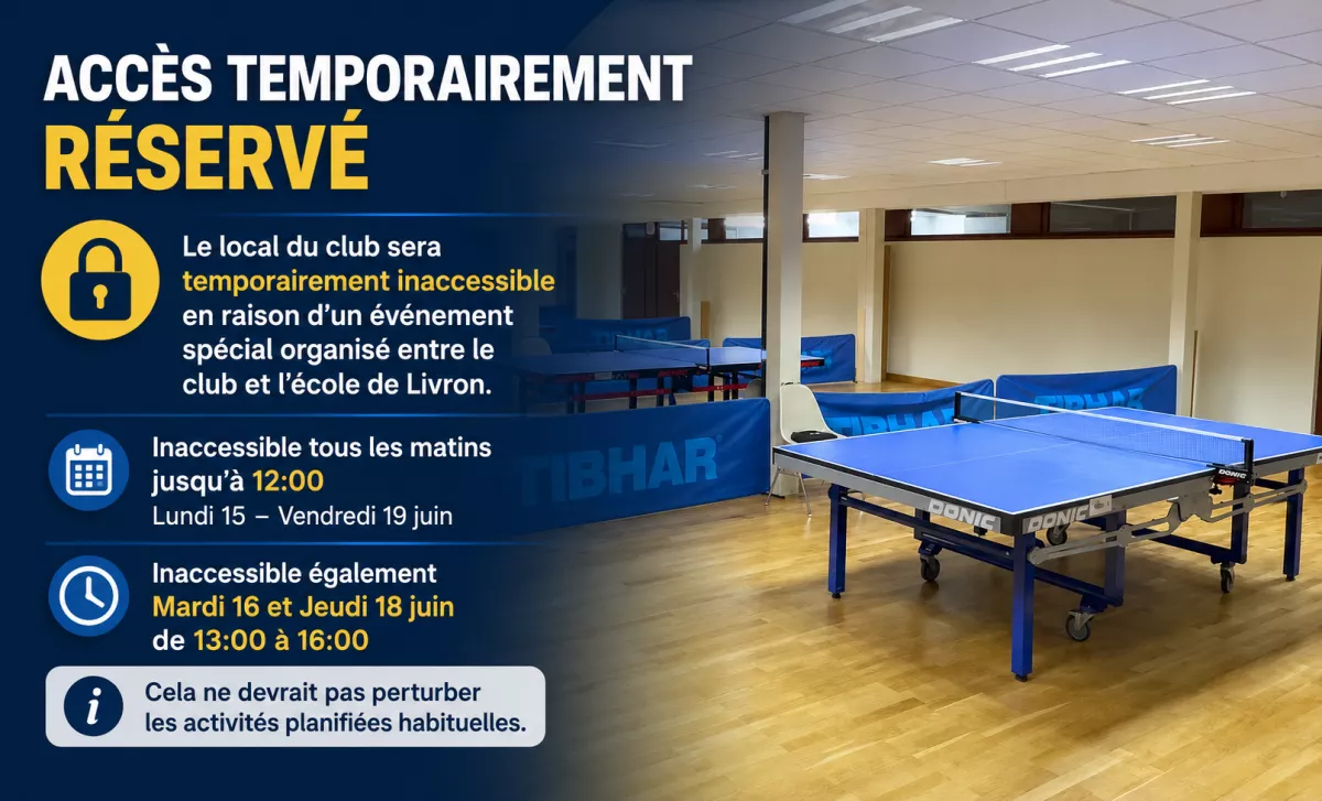Le local du club exceptionnellement inaccessible aux membres la semaine prochaine (du 15 au 19 juin)